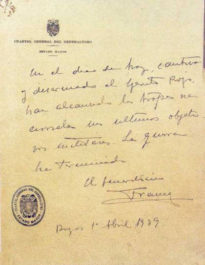 documento del último parte de  guerra de Franco